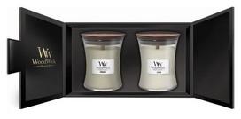 Žvakė, rinkinys, aromatinė WoodWick Gift Set Fireside/Linen, 65 h, 2 vnt., Balta sp./Juoda sp.