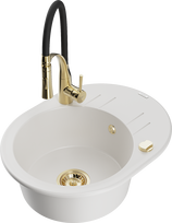 Plautuvė su virtuviniu maišytuvu Mexen Kevin, granitas, 58.6 cm x 45.8 cm x 19 cm, white+black/gold sp.