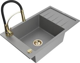 Plautuvė su virtuviniu maišytuvu Mexen Elias, granitas, 79.5 cm x 48 cm x 20 cm, grey+black/gold sp.