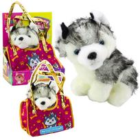 Pliušinis žaislas, su krepšiu šuo Lean Toys Happy Family Husky, balta sp./rožinė sp./pilka sp., 25 cm