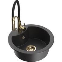 Plautuvė su virtuviniu maišytuvu Mexen Diego, granitas, 48.8 cm x 48.8 cm x 16.7 cm, black granite+black/gold sp.
