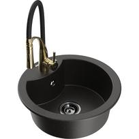 Plautuvė su virtuviniu maišytuvu Mexen Diego, granitas, 48.8 cm x 48.8 cm x 16.7 cm, metallic black/gold+black/gold sp.