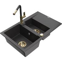 Plautuvė su virtuviniu maišytuvu Mexen Gaspar, granitas, 73.7 cm x 47.5 cm x 17.7 cm, black granite+black/gold sp.