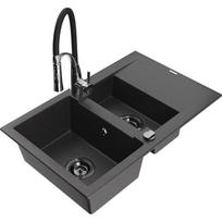 Plautuvė su virtuviniu maišytuvu Mexen Gaspar, granitas, 73.7 cm x 47.5 cm x 17.7 cm, black granite+black/chrome sp.