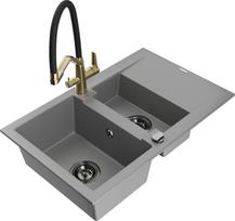 Plautuvė su virtuviniu maišytuvu Mexen Gaspar, granitas, 73.7 cm x 47.5 cm x 17.7 cm, grey+black/gold sp.