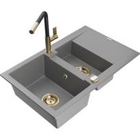 Plautuvė su virtuviniu maišytuvu Mexen Gaspar, granitas, 73.7 cm x 47.5 cm x 17.7 cm, grey+black/gold sp.