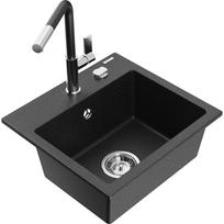 Plautuvė su virtuviniu maišytuvu Mexen Milo, granitas, 43.5 cm x 41 cm x 17.1 cm, metallic black/silver+black/chrome sp.