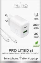 Telefono įkroviklis Puro Pro Lite Kit, USB Type C/USB Type A, balta sp., 30 W
