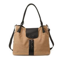 Canvas Tote Bag with Leather Trim and Dual Carry Handles Shoulder Bag for Women chaki