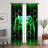 Game Controller Design Black Fluorescent Green Hexagonal Printed Curtains Home Decoration Curtain Polyester W100*H70(CM)-Rod Pocket&2PCS