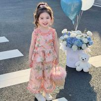 Girls' Floral Lightweight Set Baby Summer Vest Wide-Leg Pants Two-Piece Set Children'S Fashionable Summer Outfit For Toddlers 90cm rožinė