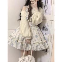 Saldus Lolita stiliaus 2 dalių suknelės komplektas moterims Rožinis megztas kardiganas su kaspinėliu Kawaii gėlėta mini suknelė Moteriškas paplūdimio vakarėlio kostiumas XS mėlyna