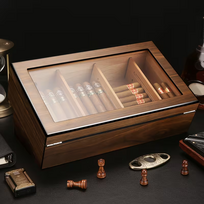 Skaidrus cigarų humidoras su higrometru ir užraktu