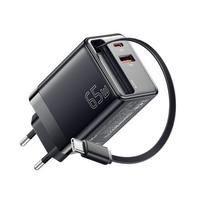 Įkroviklis Essager Scope juodas 65W (1xPD / 1xQC3.0) + integruotas Type-C laidas