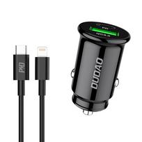 Automobilinis įkroviklis Dudao R3PRO juodas (1xUSB / 1xUSB-C / 18W) + Type-C / Lightning laidas