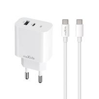 "Maxlife MXTC-06-20AC PD QC įkroviklis 1x USB-C 1x USB 20W baltas + USB-C - USB-C kabelis 20W