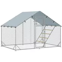 Viščiukų Aptvaras 300 x 200 x 195 cm | Plieninis Viščiukų Narvas su UV Atspariu Dangčiu, Šėrimo Durelėmis ir Pakabinama Lesykle, Skirtas 6-8 Viščiukams, Sidabrinės Spalvos
