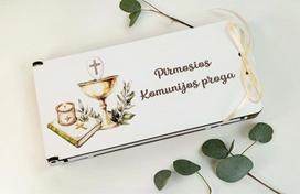 Baltas pinigų vokelis su spauda „Pirmosios komunijos proga“