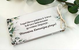 Baltas pinigų vokelis su spauda „Pirmosios komunijos proga“