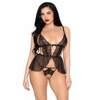 Leg Avenue Leg Avenue Babydoll Set Black - Lace & Mesh, Adjustable Straps, Open Detail L