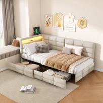 Sofa-lova 90x200 cm su 2 stalčiais - su LED ir USB - lininė - smėlio spalvos
