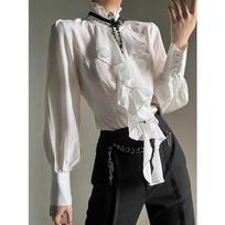 Deeptown Balti Ruffle Elegantiški Vintage Moteriški Marškiniai Juodi Y2k Viktorietiški Gotikiniai Ilgomis Rankovėmis Stovimi Apykakle Laisvi Preppy XXL balta