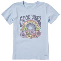 Life is Good. Women's Good Vibes Flowers Short Sleeve Crusher Tee, Glacier Blue M
