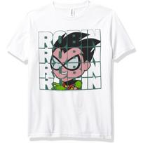 Warner Brothers Teen Titans Go Robin Text Overlay Boy's Premium Solid Crew Tee, White, Youth Medium S balta