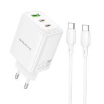 Borofone sieninis įkroviklis BN32 Cargador GaN - USB + 2xType C - QC 3.0 PD 65W su Type C į Type C baltas