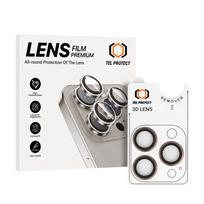 Grūdintas stiklas Tel Protect 3D objektyvo apsaugai ant kameros iPhone 15 Pro/15 Pro Max titano spalva (lęšiai 3 vnt.)
