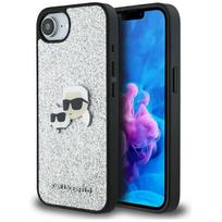 Karl Lagerfeld blizgus fiksuotas Ikonik metalinis ženklelis dėklas telefonui iPhone 16e - sidabrinis
