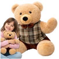 Pliušinis meškiukas žaislas, minkštas apkabinamas meškiukas, dovana, meškiukas su rudos spalvos languotais drabužiais, 30 cm