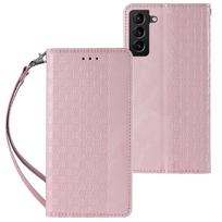 Magnetinis dėklas telefonui Samsung Galaxy S22+ (S22 Plus) su dirželiu, pinigine ir mažu pakabuku - rožinis
