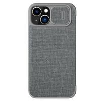 Nillkin Qin audinio dėklas iPhone 14 Plus su kameros dangteliu ir dėklu pilkas