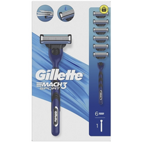 Gillette Mach3 Sport Razor + Spare Heads skustuvas ir keičiamos galvutės, 6 vnt.