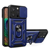 Hibridinis šarvuotas Camshield iPhone 15 Pro dėklas su stovu ir kameros dangteliu - mėlynas