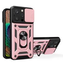 Hibridinis šarvuotas Camshield dėklas su stovu ir kameros dangteliu iPhone 15 Pro - rožinis