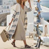 Spring Summer Striped Open Front Kimono Cardigan 3/4 Sleeve Linen Blend Beach Cover Up S