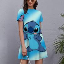 Nauja moteriška vasarinė suknelė paplūdimiui su gėlių raštu, seksuali Disney Stitch rašto suknelė, apvalia iškirpte, siekianti kelio, trumpomis rankovėmis, vidutinio liemens fl S