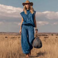Fashion New Style Western Style Sleeveless Wide Leg Hemmed Faux Fur Set S tamsiai mėlyna spalva