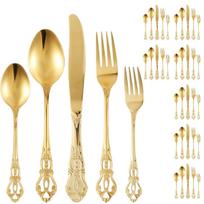 40PCS Gorgeous Retro Royal Flatware Set Stainless Steel Gold Silverware Set Vintage Embossed Kitchen Utensil Kit with Fork Spoon