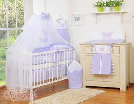 Didelis baltas šifono tinklelis nuo uodų kūdikio lovytei su žiedais ir violetine kaspinėliu