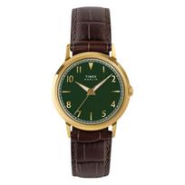 TIMEX Marlin TW2Y37800 Quartz Watch Green Dial Gold Case Brown Leather Strap 34mm