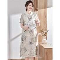Women's Beige Cheongsam Dress Bamboo Bird Print Mandarin Collar Short Sleeve Midi Dress L smėlis