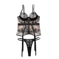 Women's Underwired Push Up Sexy Shapewear Set Lace Embroidered Sheer Patchwork 2 Piece Shapewear Set S
