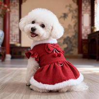 2026 naujas drabužis mažiems šunims tvido šunų suknelė su kaspinėliu ir pomponu, raukiniais rankogaliais ir pavadėlio žiedu, elegantiška kasdienė S raudona