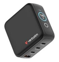 Verbatim Mini GaN Charger 140W with Display, 3× USB-C PD, 1× USB-A QC 3.0, Black