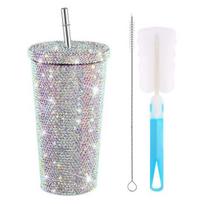 Glitter Tumbler with Brush Rhinestones Studded Tumbler Stainless Steel Insulated Bottle Sparkling Thermal Cup Birthday Gifts for Mom Wife 500ML įvairiaspalvis