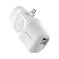 Wozinsky WF16-YLS 5000mAh 15W Lightning mini išorinė baterija su įmontuotu USB-C kabeliu ir Apple Watch įkrovikliu - balta