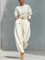 Women's Spring Casual Loose Top Wide Leg Pants Set with Belt S smėlis